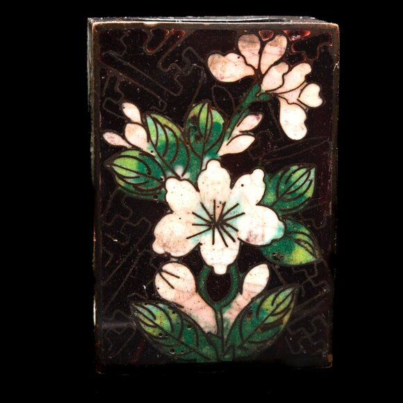 Vintage Cloisonné Black Floral Matchbox Cover With Hand-Painted Enamel Design - Picture 8 of 8